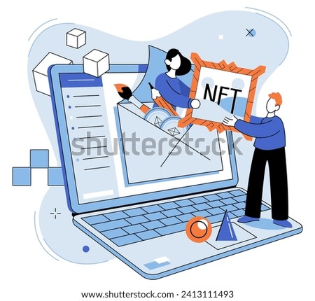 NFT vector illustration. Cryptocurrencies provide individuals with decentralized and borderless form digital money The concept nonfungible tokens has expanded beyond art and collectibles, encompassing