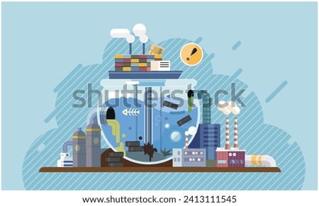 Industrial pollution. Dirty waste. Environmental pollution. Vector illustration. Factory emitting smoke represents unchecked growth industry Toxic waste chemicals are affecting groundwater quality
