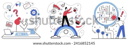 Logical analysis vector illustration. Intelligence is craftsman carving sculptures solutions from raw marble logical analysis Analytical minds are explorers, charting new territories in map