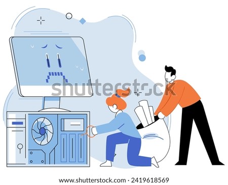 Computer troubleshooting. Vector illustration. Technicians provide technical assistance in computer troubleshooting Troubleshooting software issues is crucial part computer repair