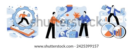 Technological business solutions vector illustration. Ideas are sparks igniting flames creativity in technological realms Business success is fruit harvested from tree innovative solutions