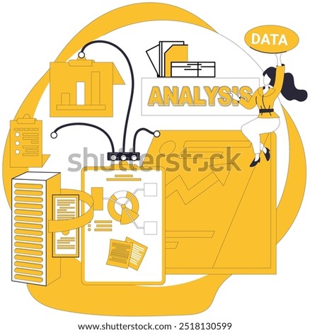 Big data vector illustration. Accounting, meticulous scribe, transcribes financial epics in scrolls big data Storage, silent fortress, protects treasures knowledge in realm big data