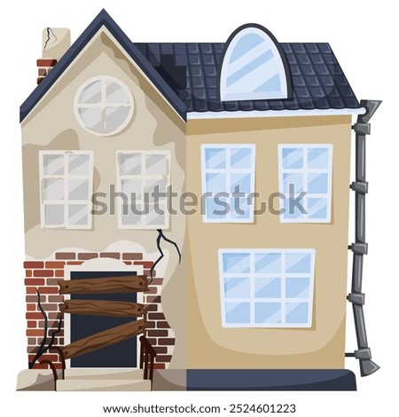 Renovation concept. Split-view of a house showing a rundown, boarded-up section on the left transitioning into a clean, modern section on the right. Ideal for home improvement, architecture, real