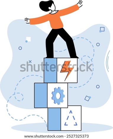 Resilience. A person stands confidently on top of a stack of blocks featuring a lightning bolt, gear, and triangle. Ideal for overcoming obstacles, personal growth, success, strength, and achieving