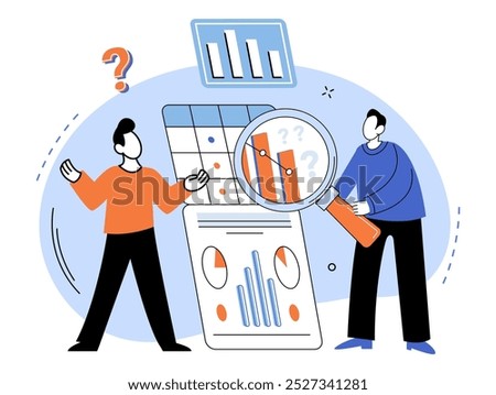 Competitors analysis vector illustration. Examination, magnifying glass, scrutinizes competitors actions, seeking clues to their success Inspection, telescope, peers into competitive landscape