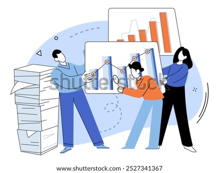 Competitors analysis vector illustration. Accounting, ledger, meticulously records score in ongoing competition business supremacy Examination, magnifying glass, scrutinizes competitors actions