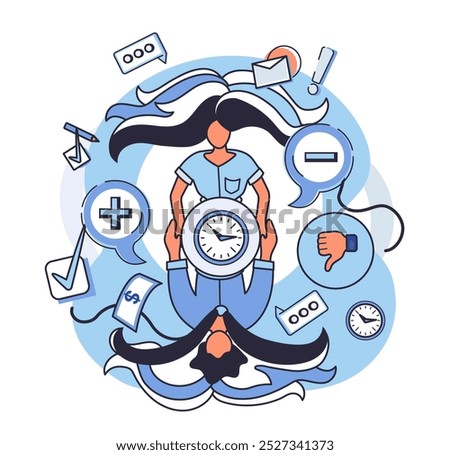 Critical thinking. Central figure holds a clock symbolic of time management situated between two contrasting perspectives. Ideal for decision making positive and negative consequences time management