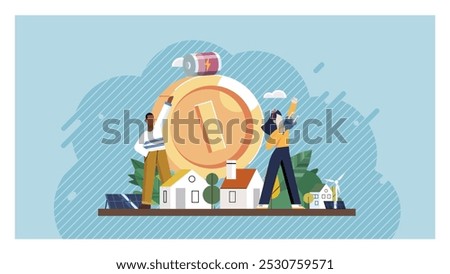 Sustainability concept. Two people standing near a large coin with miniature houses, trees, solar panels, and a wind turbine. Ideal for renewable energy, sustainable living, eco-friendly practices