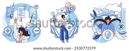 Mindset. Woman checks off tasks on a clipboard. Individual contemplates ideas with gears, a lightbulb, and a globe. Person holds a lightbulb among abstract designs. Ideal for productivity