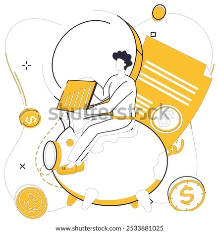 Savings account. Man sitting on piggy bank with tablet, surrounded by coins and financial documents. Ideal for banking, financial planning, investment, saving, and digital finance topics. Modern