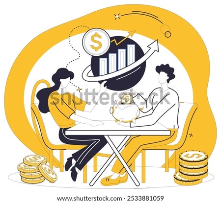 Savings account. A couple seated at a table holds a piggy bank and points to a chart symbolizing financial growth. Ideal for financial planning, investment, budgeting, money management, future