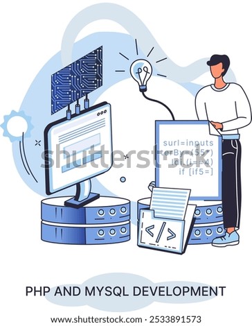 PHP and MySql development concept. Software website developer with computer, programmer service, open source general purpose programming language. Scripting web applications allows to create programs