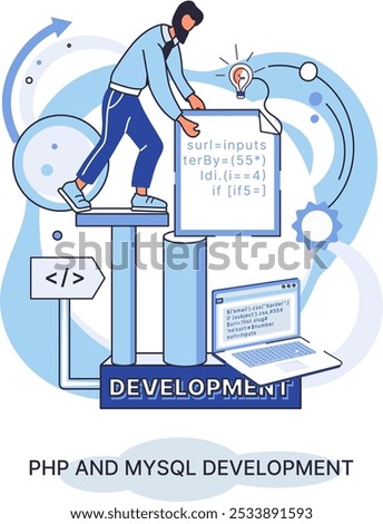 PHP and MySql development metaphor. Software website developer with computer, programmer service, open source general purpose programming language. Scripting web applications allows to create programs