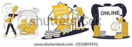 Savings account. People manage savings, growth charts, online forms and coin stacks. Ideal for financial planning, investment, digital banking, saving money and interest rates. Modern, flat vector