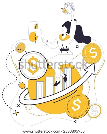 Savings account. Woman reaching for dollar sign among bar charts and coins. Ideal for financial growth, investment, budgeting, saving, and personal finance education. Clean, modern, minimalistic