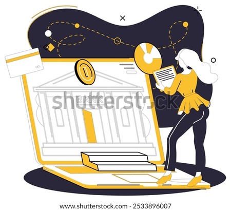 Savings account. A woman interacts with a large laptop displaying a bank building, symbolizing digital banking. Ideal for online banking, savings, financial technology, digital transactions