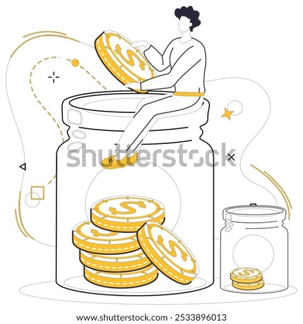 Savings account. A person sits on a large jar filled with coins, adding more to it, depicting the concept of growing savings. Ideal for promoting financial growth, planning, budgeting, investment