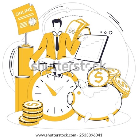 Savings account. This image shows a person with a piggy bank, coins, and clock, symbolizing financial growth through saving. Ideal for financial planning, time management, budgeting, investing