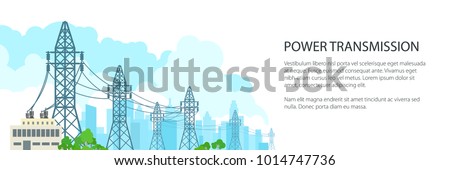 White Banner of Electric Power Transmission, High Voltage Power Lines Supplies Electricity to the City and Text, Vector Illustration