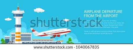 Banner of Airplane Takes Off from the Airport, Control Tower and Airplane on the Background of the City, Travel and Tourism Concept , Passenger Air Transportation, Vector Illustration
