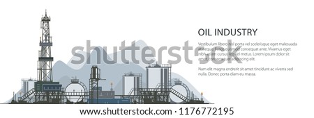 Oil Drilling Rig Banner, Oilfield , Drilling Oil or Natural Gas Rig with Outbuildings and Tanks and Cisterns, Poster Brochure Flyer Design, Vector Illustration