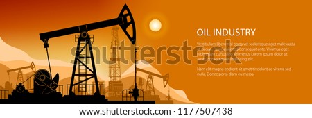 Oil Industry Banner, Silhouette Pumpjack on a Background of Mountains at Sunset, Overground Drive for a Reciprocating Piston Pump in an Oil Well, Working Pumps and Drilling Rig, Vector Illustration