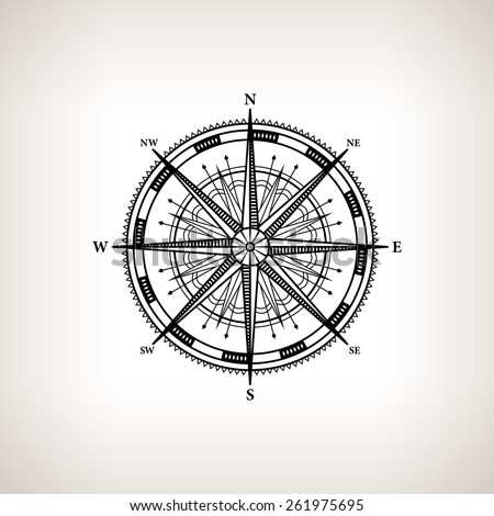 Silhouette compass rose, wind rose on a light background,  black and white  vector illustration