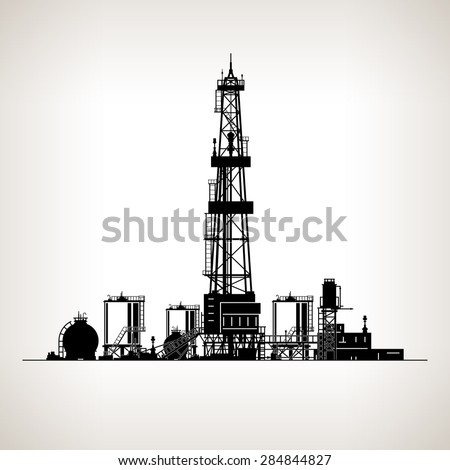 Silhouette Drilling Rig, Oil Rig, Machine which Creates Holes in the Earth, Oil Well Drilling, Vector Illustration