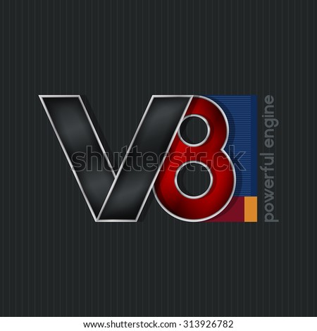 Logo V8  Powerfull Engine, Bright Volumetric Emblem V8,  Vector Illustration