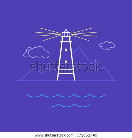 Lighthouse on Lilac Background , Beacon and Mountains  , Line Style Design,   Design Element, Marine Emblem for Travel Industry,  Vector Illustration