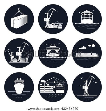 Set of Round Cargo Icons, Dry Cargo  and Container Ship, Unloading Containers from a  Ship in a Docks with Crane,  International Freight Transportation, Vector Illustration