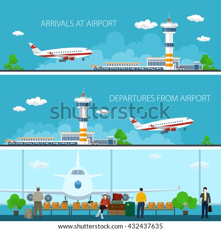Airport Horizontal Banners, Arrivals at Airport and Departures, a Waiting Room with People, Travel Concept, Flat Design,  Vector Illustration