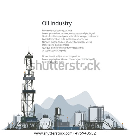 Oilfield, Drilling Oil or Natural Gas Rig with Outbuildings and Tanks and Cisterns, Poster Brochure Flyer Design, Vector Illustration  