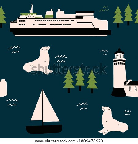 Pacific Northwest Ocean Pattern Seamless repeat hand drawn ferry seal and lighthouse pattern