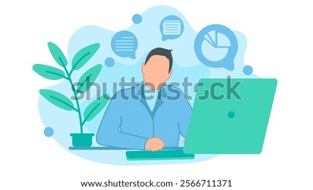 Office man working in front of the monitor screen and looking forward. Vector illustration in flat design style