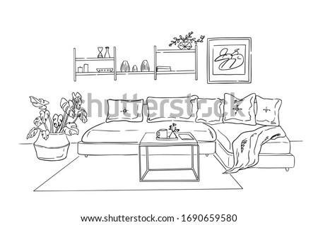 Modern Living Room Interior Illustration with Sofa and Pillows  Coffee Table Plants in a Pot Shelf with Books and Painting on Wall.