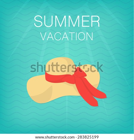 Summer Vacation Illustration with Sun Hat and Sea Waves on Background