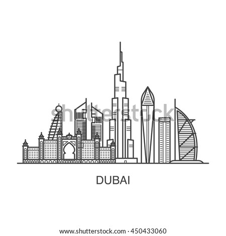 Dubai city line art illustration with all famous towers: Burj Khalifa, Burj Al Arab, Emirates Towers.