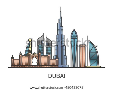 Colored illustration of Dubai city with all famous towers: Burj Khalifa, Burj Al Arab, Emirates Towers.