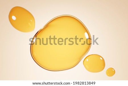 Gold stains of oil, serum droplets or honey on beige background. Bubbles collagen essence, mockup liquid yellow drops of cosmetic or food oil, 3d illustration top view on clear yellow puddles of water 商業照片 © 