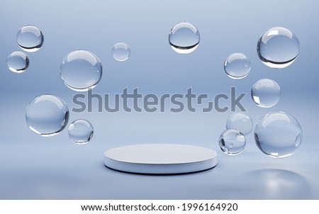 White round podium with air bubbles on blue water surface. Mock up empty geometric stage, platform with soap spheres or water drops for product ad presentation cosmetics. Realistic 3d illustration