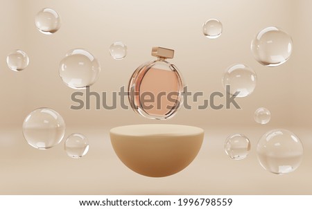 Perfume glass bottle on golden podium with soap water bubbles mock up banner, beauty skin care cosmetics tube on abstract geometric stage, product ad on showroom platform. Realistic 3d illustration