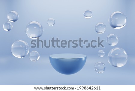Podium with air bubbles spheres on blue aqua background. Mock up abstract geometric hemisphere stage, empty platform with liquid balls or drops for display product underwater Realistic 3d illustration