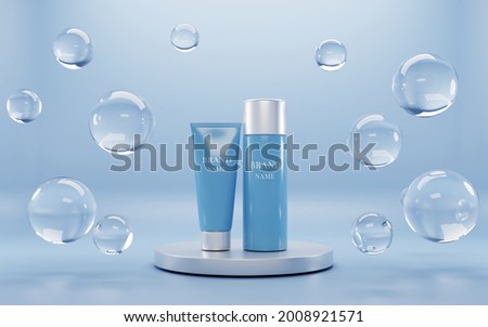 Cosmetics bottles on round podium with air bubbles mock up banner. Beauty skin care product tubes cream, tonic or lotion. Soap spheres or drops on blue water background. Realistic 3d illustration