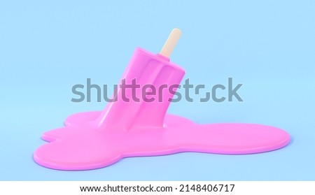 Pink ice cream on wooden stick melting on pastel blue background. Popsicle fell to floor upside down, puddle of melted sweet liquid, molten texture. Minimal summer concept. Realistic 3d render Foto stock © 