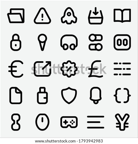 Basic Symbol Line Icon Set - 3 . File, Folder, Bell, Pin, Mailbox, Currency Icon Vector Illustration
