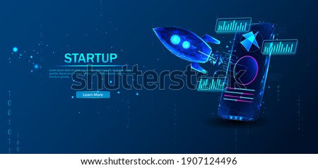 Polygonal Concept Business Startup. The rocket takes off from portal of the mobile phone augmented reality on blue background. Design concept augmented reality. AR and VR Development. Media Technology