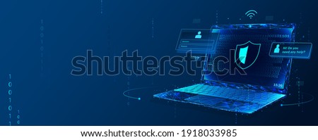 Cyber security, data protection, cyberattacks concept on blue background. Database security software development. Online security concept. Laptop protected with shield. Vector illustration