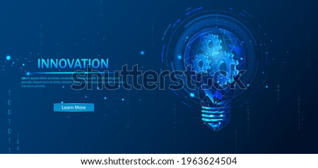 Abstract low-poly light bulb with gears inside. The Internet Technology triangle icon is a concept of a polygonal network. An idea, electricity, innovation, or other conceptual illustration.