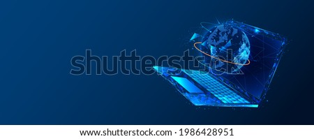 Global World. Planet Earth concept on laptop screen. Vector low poly wireframe in the form of starry sky, consisting of points, lines, and shapes in the form of stars. Vector networking concept.